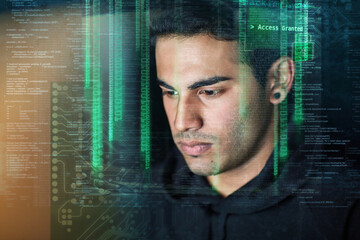 Hacking, coding and digital overlay of man with night software, password access or data programming. Cybersecurity, html code and system or server hacker, programmer or focus person with web database