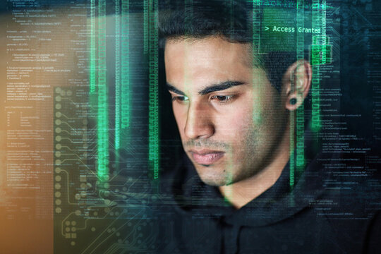 Hacking, coding and digital overlay of man with night software, password access or data programming. Cybersecurity, html code and system or server hacker, programmer or focus person with web database