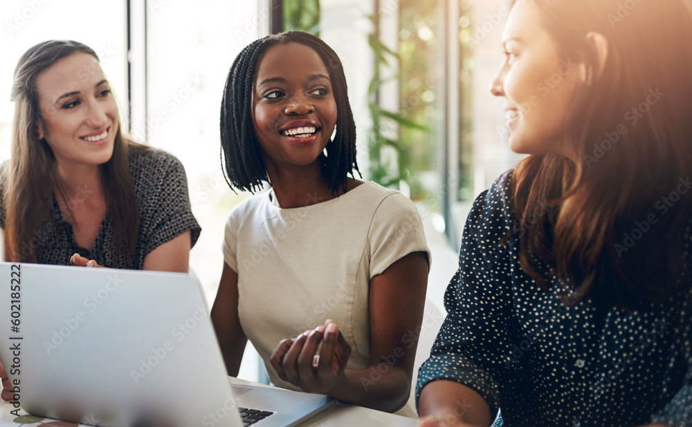 Poster business women, conversation and laptop data with planning and strategy in office. training, communi
