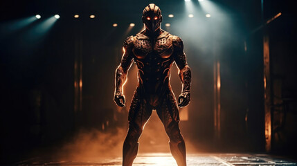 Photo realistic illustration of a superhero robot, in a gladiatorial arena. Anatomy and lighting reference. Generative AI.