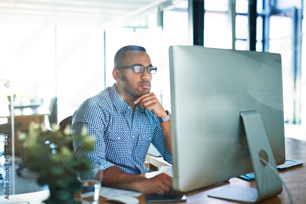Poster business man, thinking and computer at desk in office for online research, reading email or report. 