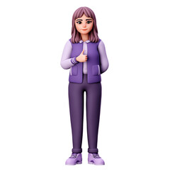 Woman Character with Purple Clothes showing Thumbs up using Left Hand, 3D Render Illustration