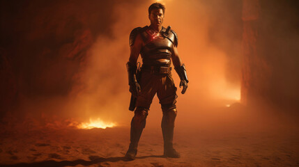 Photo realistic science-fiction, fantasy, armored superhero, super soldier illustration. Anatomy and lighting reference. Generative AI.