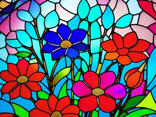 A Vibrant Garden in Glass: Stained Glass Window with Beautifully Colored Flowers and Leaves