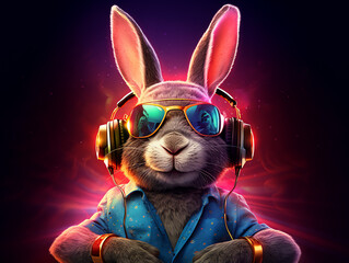 Music dj bunny with sunglasses and headphones - Generative AI
