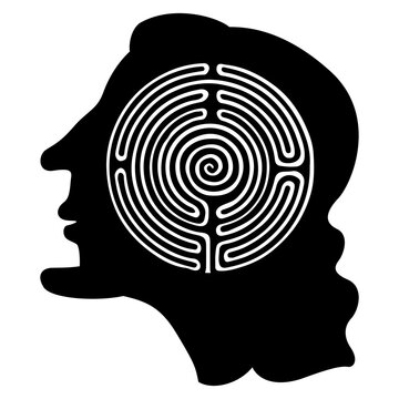 Round spiral maze or labyrinth symbol inside human head. Bearded ancient Greek man with target as his brain. Creative philosophical concept. Black and white silhouette.