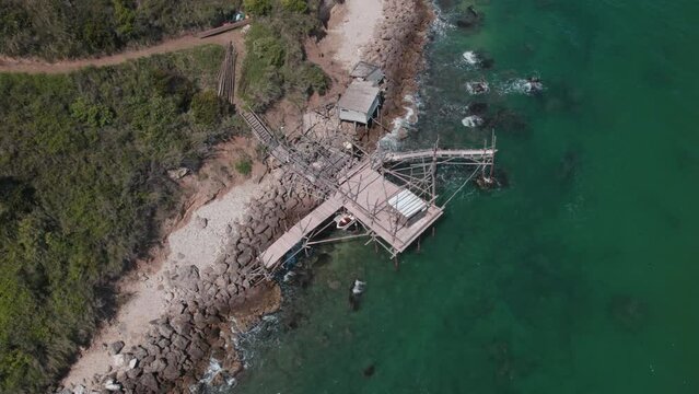 Impressive fishing platforms on stilts on the trabocchi coast Abruzzo 4k drone