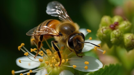 macro shot of a bee collecting nectar from a flower. Generative AI