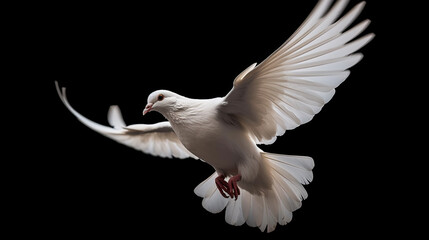 Obraz premium A white dove in flight isolated on black background. Generative AI