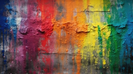 wall painted in rainbow colors where the paint is peeling off. Generative AI