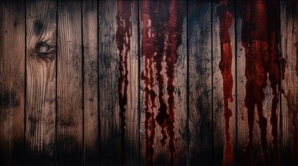 dark red blood smeared wooden boards. horror wallpaper background. Generative AI - obrazy, fototapety, plakaty