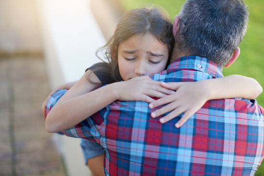 Hug, Father And Girl With Love, Sympathy And Comfort With Grief, Loss And Depression With Pain. Family, Female Child Or Male Parent With Kid, Daughter Or Dad Embrace, Sad Or Care With Anxiety Or Fear