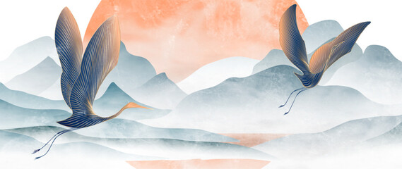 Art background with mountains, hills and cranes with golden line elements. Abstract banner in oriental style with watercolor texture for decor, print, wallpaper © VectorART