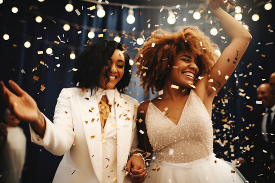 homosexual gay lesbian wedding celebration, two young women getting married, girls smiling and dancing, confetti falling, fancy golden tones, black African American LGBTQ female couple, generative AI