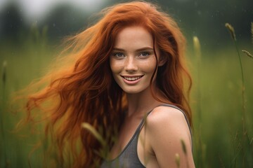 Stunning young redhead woman standing amidst a vibrant meadow on a sunny summer day, surrounded by colorful wildflowers and lush greenery. - 602188687