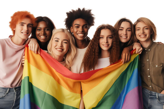 Group of happy young activist for lgbt rights with holding rainbow flag, diverse people of gay and lesbian community,  isolated on white transparent background, ai generate