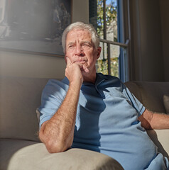 Lonely senior man thinking in home, couch and lounge about future anxiety, remember memory and...
