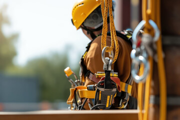 workers up high with safety harness, safety equipment and safety belts on scaffolding on city building on background