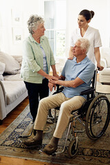 Support, old man in wheelchair with wife and nurse at nursing home for help with disability and...