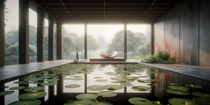 The interior of the room of Tibetan medicine and relaxation with water lilies in the pool with a comfortable designer chair and a beautiful panoramic view of the natural landscape. AI generation 