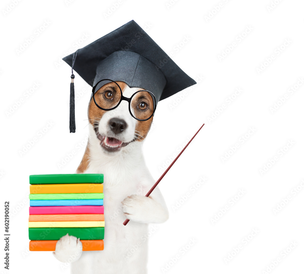 Poster graduated dog holding books and pointing away on empty space. isolated on white background