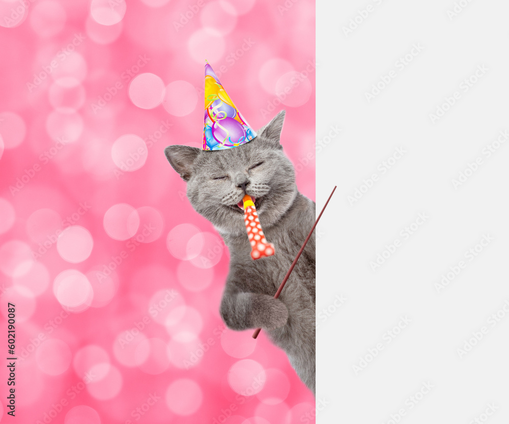 Poster Happy cat wearing party cap blows in party horn and points away on empty white banner. Shade trendy color of the year 2023 - Viva Magenta background. Empty space for text