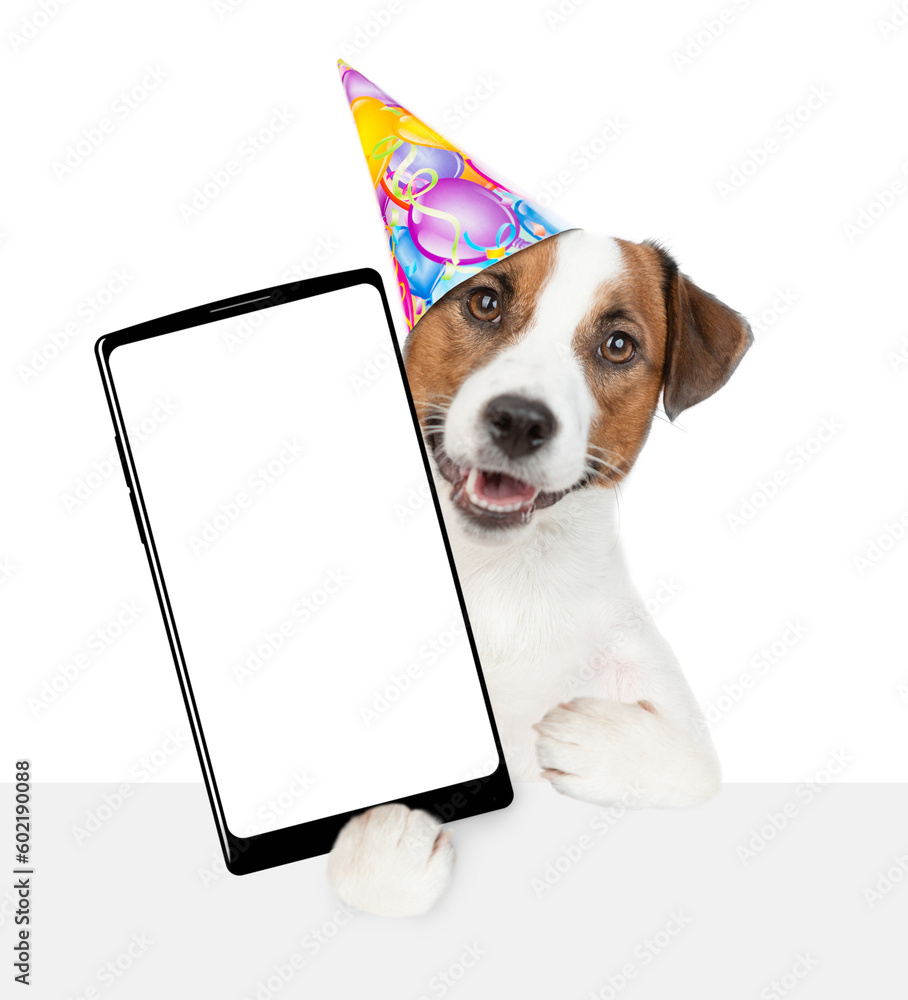 Poster jack russell terrier puppy wearing party cap holds big smartphone with white blank screen in it paw,