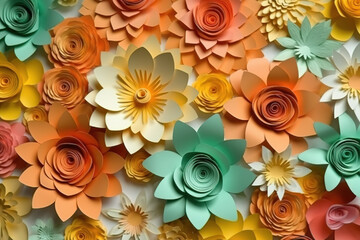 3d floral craft wallpaper. orange, rose, green and yellow flowers in light background for wall decor. Generative AI