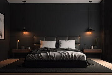 Illustration of modern dark bedroom. Generative AI