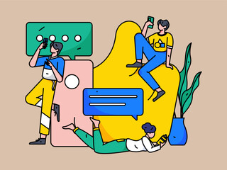 Virtual characters social communication concept business flat vector hand drawn illustration
