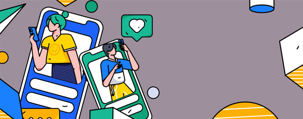 Virtual characters social communication concept business flat vector hand drawn illustration
