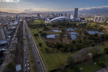 Beautiful aerial view of the Metropolitan Central Park La Sabana in Costa Rica, with side view of the national stadium