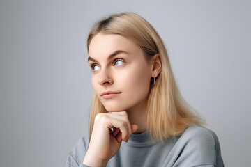 Young Woman Thinking Hard - Got New Idea, Copyspace With White Background. High quality generative ai
