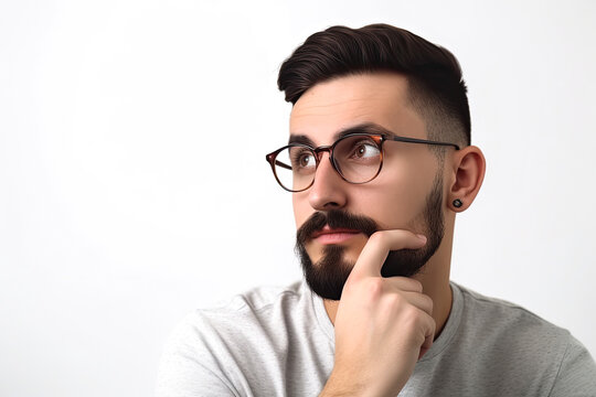 Young Man Thinking Hard - Got New Idea, Looking Away, Copyspace With White Background. High quality generative ai