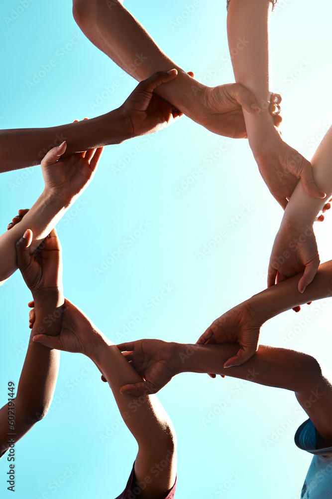Aufkleber hands, link and circle with team and blue sky with low angle, solidarity and trust with arm chain an