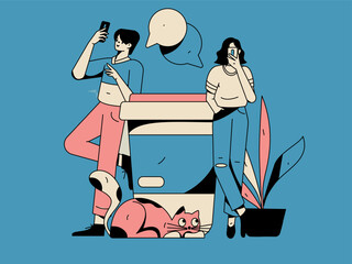 Virtual characters social communication concept business flat vector hand drawn illustration
