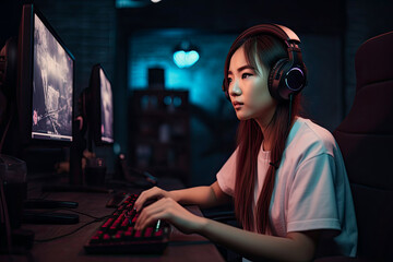 Esports and online gaming: Asian woman live streaming her video game session. High quality generative AI - obrazy, fototapety, plakaty
