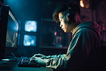 Fototapeta premium Esports and online gaming: Man live streaming his video game session. High quality generative AI