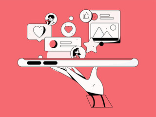 Virtual characters social communication concept business flat vector hand drawn illustration
