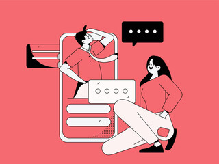 Virtual characters social communication concept business flat vector hand drawn illustration
