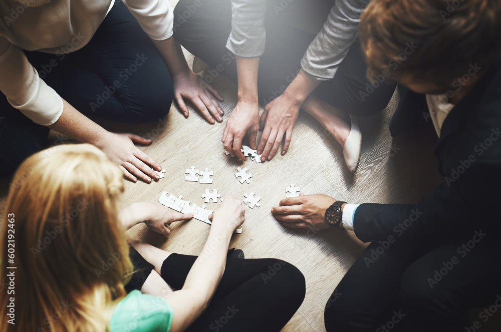 Poster Puzzle, group and teamwork of people solution, collaboration and workflow, problem solving and thinking. Team building game, project development and women in circle on floor, synergy or brainstorming