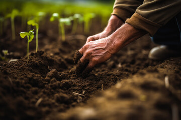 Farmer or gardener planting young plants into soil. The concept of spring and the beginning of work in the garden. Generative ai