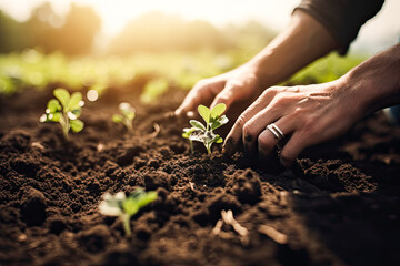 Farmer or gardener planting young plants into soil. The concept of spring and the beginning of work in the garden. Generative ai