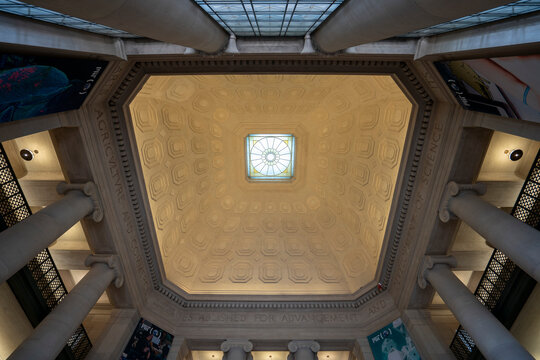 Cambridge, MA, USA - June 28, 2022: Low angle view of the dome ceiling in the lobby of the Rogers Building (Building 7), the main entrance to the Massachusetts Institute of Technology (MIT).