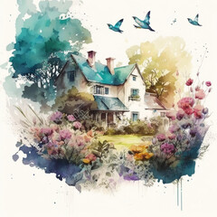 house with flowers and butterflies generative Ai