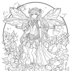 Fototapeta na wymiar Fantasy Fairy Girl Anime Coloring page, Grayscale, Printable Art PNG