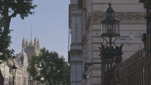 The tower of Westminster Abbey as seen from Downing Street in London