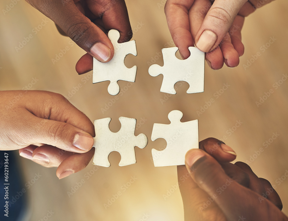 Poster team, hands and puzzle for teamwork and collaboration of business people for challenge or project. a