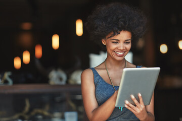 Smile, tablet and woman reading cafe data, customer experience feedback or happy for income,...