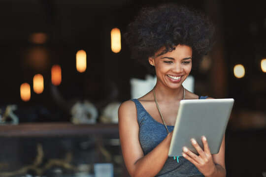 Smile, tablet and woman reading cafe data, customer experience feedback or happy for income, revenue or sales statistics. Online restaurant report, small business and female person with store success
